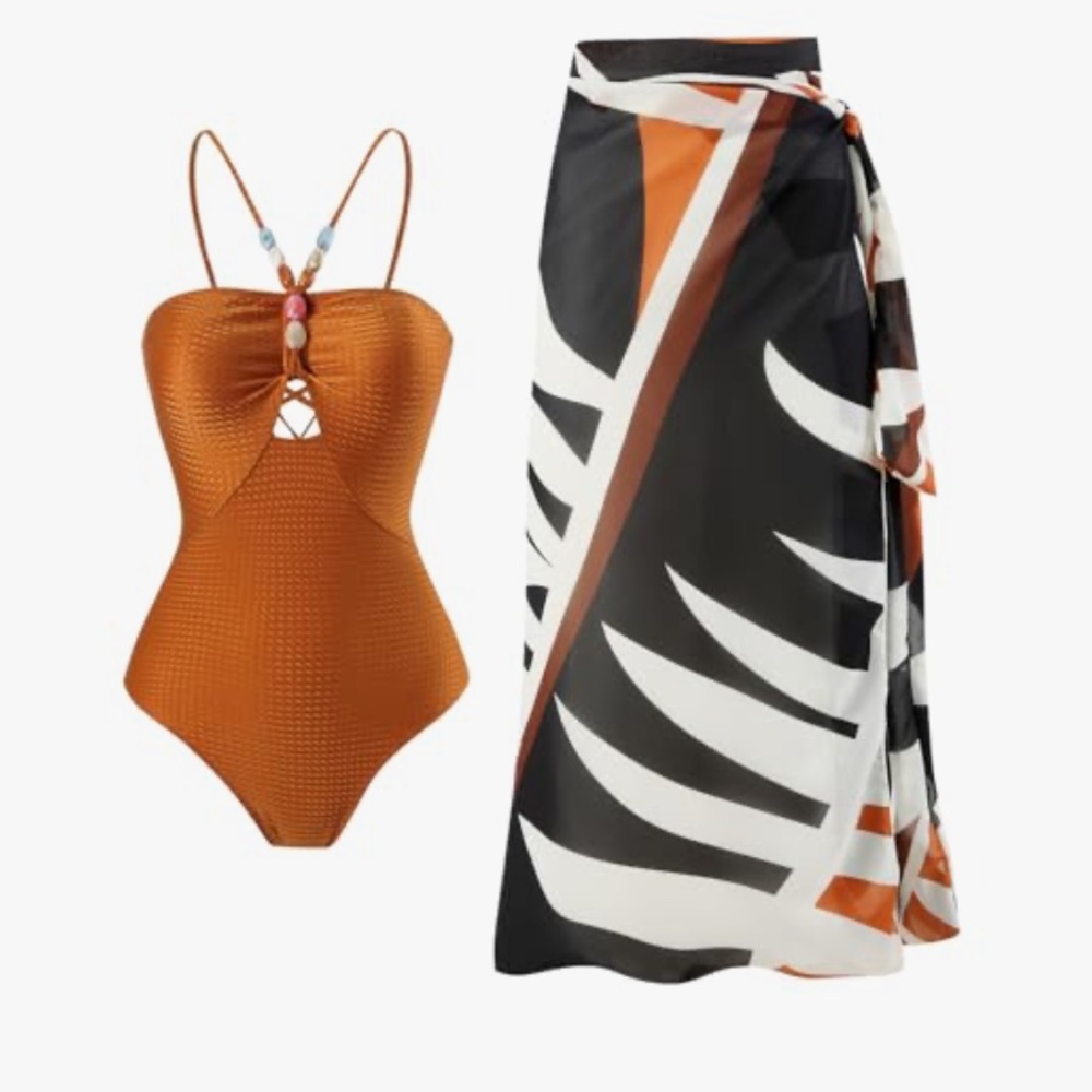One piece beaded swimsuit with matching sarong skirt orange rust‎ small new